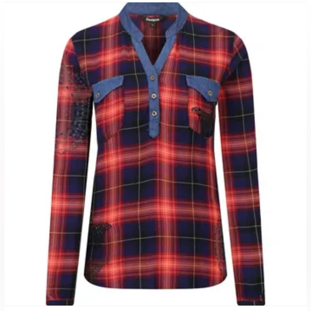 Desigual Red & Blue Plaid top tunic Sz XL